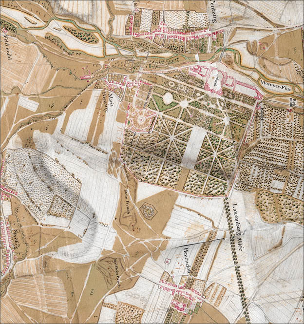 Carte des environs de Sch nbrun et ceux de Laxemburg, lev e en Novembre et D cembre MDCCLIV et Avril MDCCLV par ordre de sa majest imperiale et royale