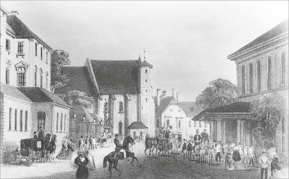 Domayer's Kasino, Ansicht gegen die Hietinger Kirche um 1850
